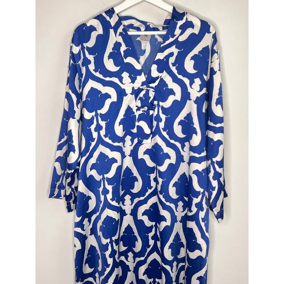 Natori Floral Bishop Sleeve V-Neck Robe Maxi Dress Blue/White Women's Size XL - Picture 2 of 11